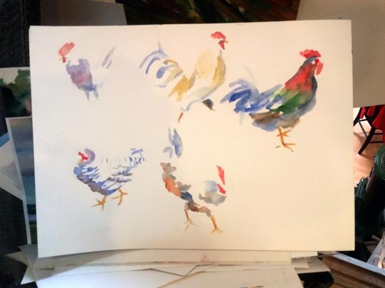 Deb Wester's watercolor sketches of roosters