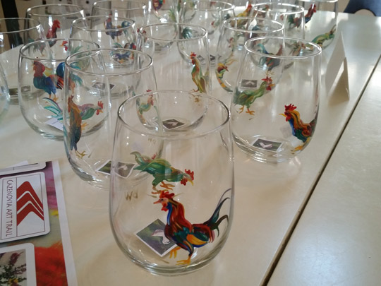A group of Deb Wester's famous hand-painted rooster glasses